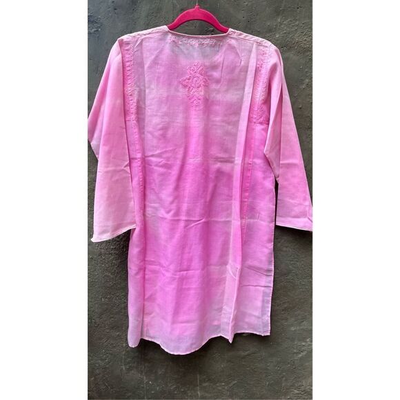 PINK TIE DYE SEMI SHEER COTTON CAFTAN COVERUP EMBROIDERED LONG KURTA TOP L/XL - Picture 9 of 15